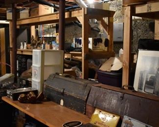 The Basement is Full of Everything you can imagine from antique and vintage Glassware, Silver, Pottery, Primitives Tools, Records, Silverware, Pie Safe, Antique Tool Chests and Wooden Trunks, Primitive Tools, Antique Looms and So Much, Much More!