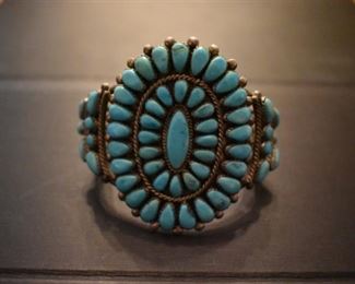 Old Pawn Zuni Cluster Cuff Sterling and Turquoise Beautiful!!! Etched signing, as is true of nearly all authentic old pawn jewelry. This piece was purchased by Dr, Buchanan in 1970, it was his very first purchase of Southwestern Jewelry.