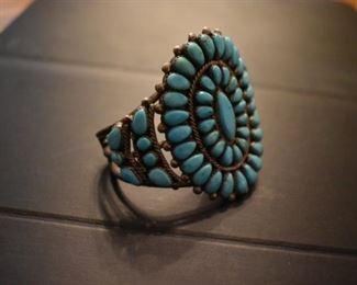 Old Pawn Zuni Cluster Cuff Sterling and Turquoise Beautiful!!! Etched signing, as is true of nearly all authentic old pawn jewelry. This piece was purchased by Dr, Buchanan in 1970, it was his very first purchase of Southwestern Jewelry.