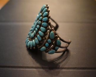 Old Pawn Zuni Cluster Cuff Sterling and Turquoise Beautiful!!! Etched signing, as is true of nearly all authentic old pawn jewelry. This piece was purchased by Dr, Buchanan in 1970, it was his very first purchase of Southwestern Jewelry.