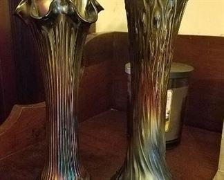 Gorgeous Antique Carnival Glass "Tree Trunk Vase" and "Finely Ribbed Vase" both in Dazzling Deep Purple