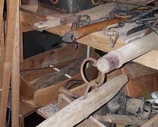 Loads of Primitives throughout the basement area. The Basement is Full of Everything you can imagine from antique and vintage Glassware, Silver, Pottery, Primitives Tools, Records, Silverware, Pie Safe, Antique Tool Chests and Wooden Trunks, Primitive Tools, Antique Looms and So Much, Much More!