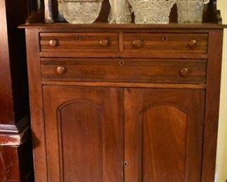 1800's Gorgeous Formal Jelly Cabinet, very rare to find as is much of the furniture here. Beautiful American Brilliant Cut Glass and Carnival Glass adorn this Cabinet