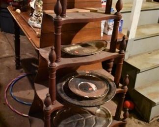 Antique 5-Tier "What Not" in Great Condition! The Basement is Full of Everything you can imagine from antique and vintage Glassware, Silver, Pottery, Primitives Tools, Records, Silverware, Pie Safe, Antique Tool Chests and Wooden Trunks, Primitive Tools, Antique Looms and So Much, Much More!