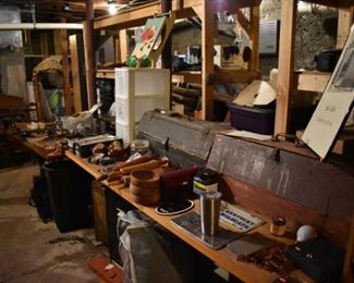 The Basement is Full of Everything you can imagine from antique and vintage Glassware, Silver, Pottery, Primitives Tools, Records, Silverware, Pie Safe, Antique Tool Chests and Wooden Trunks, Primitive Tools, Antique Looms and So Much, Much More!