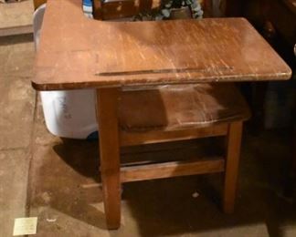 Antique Oak School Desk in Beautiful Condition! The Basement is Full of Everything you can imagine from antique and vintage Glassware, Silver, Pottery, Primitives Tools, Records, Silverware, Pie Safe, Antique Tool Chests and Wooden Trunks, Primitive Tools, Antique Looms and So Much, Much More!