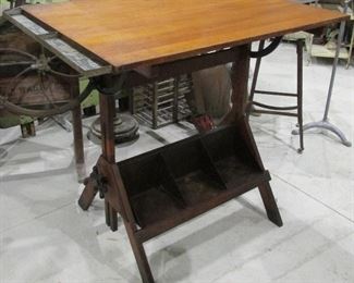 Vintage 1920's-30's Hamilton Drafting Table with metal book holder, foot rest and metal side caddy