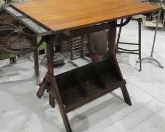 Vintage 1920's-30's Hamilton Drafting Table with metal book holder, foot rest and metal side caddy 