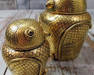 Pair vintage Burmese gilt and black lacquer hand painted bamboo owl boxes
