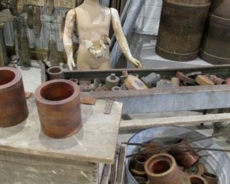 Old feeders, wood foundry molds, vintage department store window mannequin
