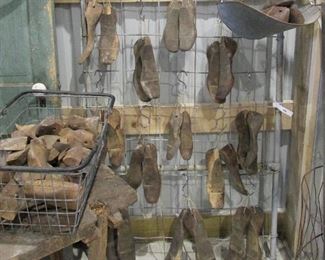 Many antique primitive cobbler wooden shoe lasts, molds