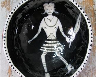 Petite Vintage black and white hand painted Figural art bowl, signed WF