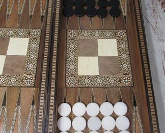 Vintage inlaid wood and MOP marquetry backgammon board game, bakelite chips 