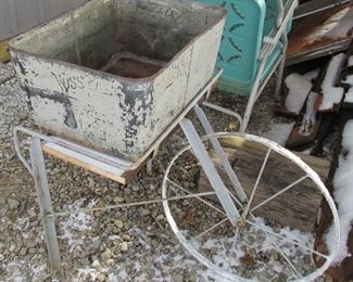 Old fruit farm rolling cart and Industrial metal tote