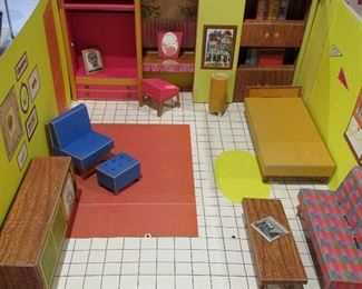 Mid Century Barbie fold up Doll House with original accessories and furniture