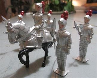 Vintage 5 pc Medieval Knights articulated metal toy set, marked JAPAN on each with the original box