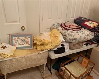 Vintage doll bed, quilts, bassinet 