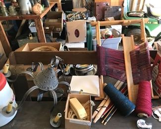 punched tin chandelier, yarn winder/loom connected to Leinbach family