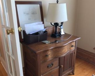 Antique Handcrafted side table mini sideboard solid wood cabinet, den table lamp.