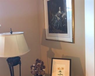 Antique table lamp and artwork
