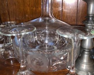 Antique 50's glass decanter and glasses 