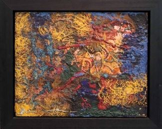 "Sunset", 1973. Acrylic & Silica on Panel entitled “Sunset", in Weinstein Gallery float frame. Signed verso, dated 1973. Image measures 20” x 16” high, framed 24 ½ " x 24 ½". Reference #K.24 