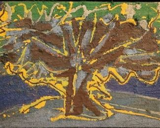 "Arbre", 1965. Acrylic & Silica on Jute entitled “Arbre" in artist-made float frame. No visible signature, dated 1965. Image measures 24” x 16” high, framed 25" x 17 ½". Reference #K.33  