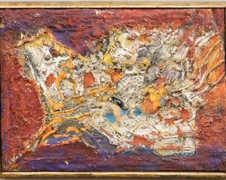 "Impression", 1954. Polyester on Panel mounted on Jute entitled “Impression". No visible signature, dated 1954. Image measures 14” x 10” high, framed 15” x 11”. Reference #K.40