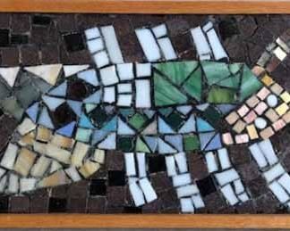 “Herald”, 1991. Glass & enamel mosaic assemblage on Cement board entitled “Herald”. No visible signature, dated 1991. Image measures 8 ½” x 19 ½” high, framed 10 " x 21". Reference #K.44