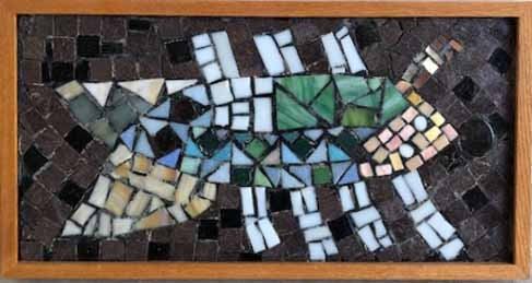 “Herald”, 1991. Glass & enamel mosaic assemblage on Cement board entitled “Herald”. No visible signature, dated 1991. Image measures 8 ½” x 19 ½” high, framed 10 " x 21". Reference #K.44