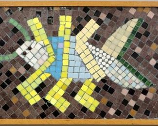 “Dotted Ground”, 1991. Glass & enamel mosaic assemblage on Cement board entitled “Dotted Ground”. Signed verso, dated 1991. Image measures 25 ½” x 15 ½” high, framed 26 ¾” X 16 ¾”. Reference #K.41