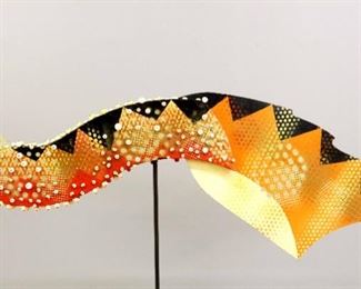 "Eel in Flight" Sculpture, 1990. Mixed media sculpture, entitled “Eel in Flight”. Multi-color painted wooden body with enamel & formed metal. No visible signature, dated 1990 & numbered "6015". Minor surface wear, ½ " hole drilled in underside for display mounting. Measures 57" x 20" high. Reference #K.49