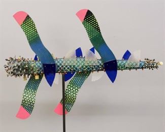 “Blue Twister” Sculpture. Mixed media sculpture, entitled “Blue Twister”. Multi-color painted wooden body with applied beads, enamel and lucite. No visible signature, numbered "546". Minor surface wear, ½ " hole drilled in underside for display mounting. Measures 30" x 22" high. Reference #K.51 