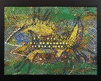 "Yellow Spotted Beast", 1957. Acrylic & Marble Dust on Board entitled “Yellow Spotted Beast”. No visible signature, dated 1957. Image measures 29 ¼” x 21¼” high, framed 33 ½ " x 25 ½”. Reference #K.55