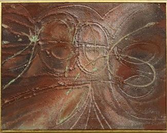 "Spun", 1957. Mixed Media on Board entitled “Spun". No visible signature, dated 1957. Image measures 13” x 10” high, framed 13 ¼ ” x 10 ¼” . Reference #K.58