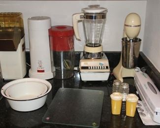 Blender, vintage milk shake maker, enamelware, etc