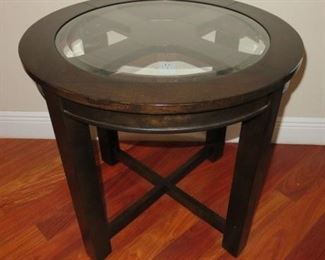 Walnut Wood Sturdy Round Center Glass Top Accent Side End Table