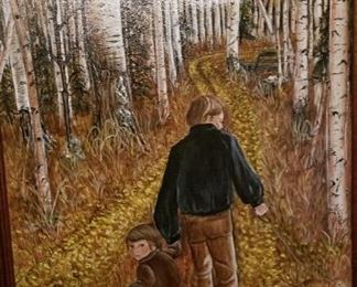 Acrylic 
Dog, Dad and Son, Birch trees in Fall