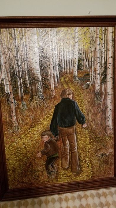 Acrylic 
Dog, Dad and Son, Birch trees in Fall