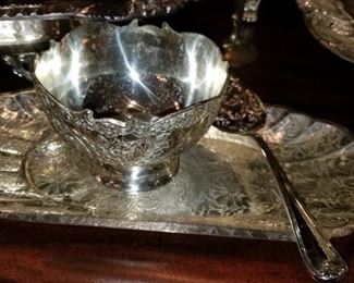 Serving tray, sauce bowl and serving spoon