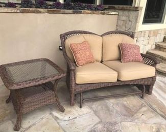 All Weather Wicker Loveseat Glider and Table