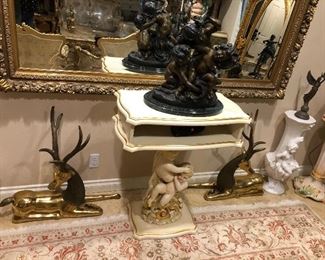 Brass deers, cherub table, bronze cherubs 