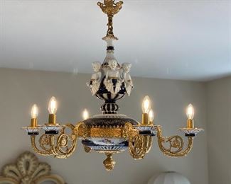 Huge brass and porcelain chandelier 