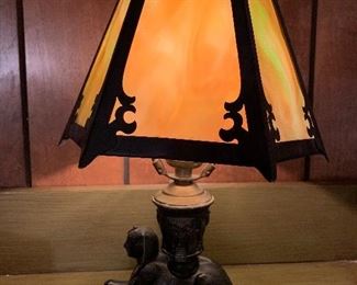 Egyptian boudoir lamp, slag glass shade