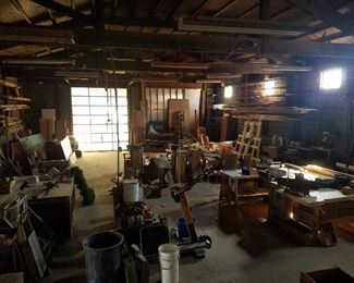 Massive shop with power tools, wood scraps, antique tools, and more!