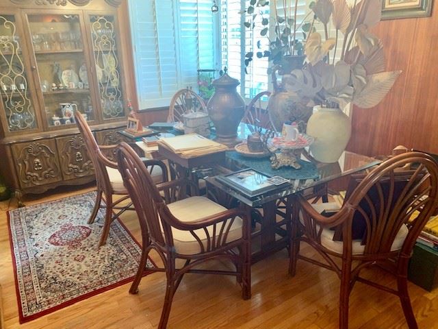 1970s Rattan table with chairs, dining room table, rug, copper vases
