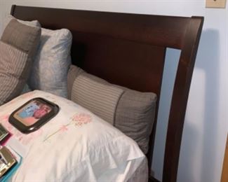 Bedframe headboard and foot board along with mattress and box spring queen
