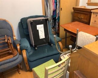 Upholstered rocker and footstool and recliner and vintage chairs