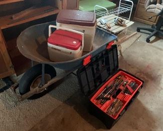 Wheelbarrow, coolers and tools 