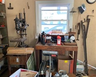 Vintage drill press and work benches